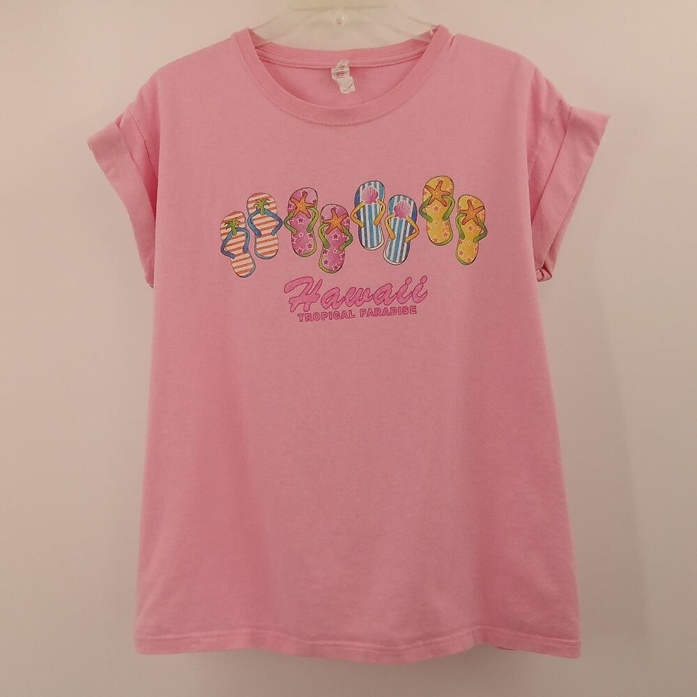 Vintage Hawaii Graphic T-Shirt Womens L Pink Flip Flop Graphic Tropical Paradise